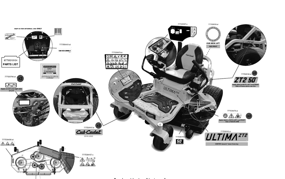 Label Map Diagram and Parts List for ZT2-50KW (17AIEAC2A10)(2023) Cub Cadet Lawn Tractor